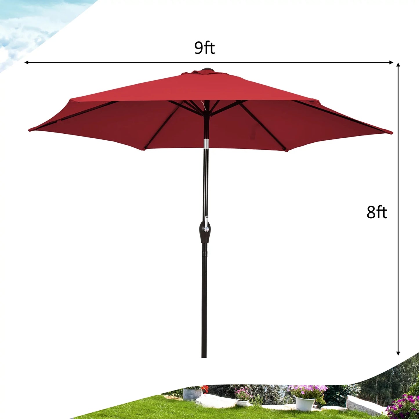 9Ft Outdoor Market Patio Table Umbrella Push Button Tilt Crank Lift Burgundy